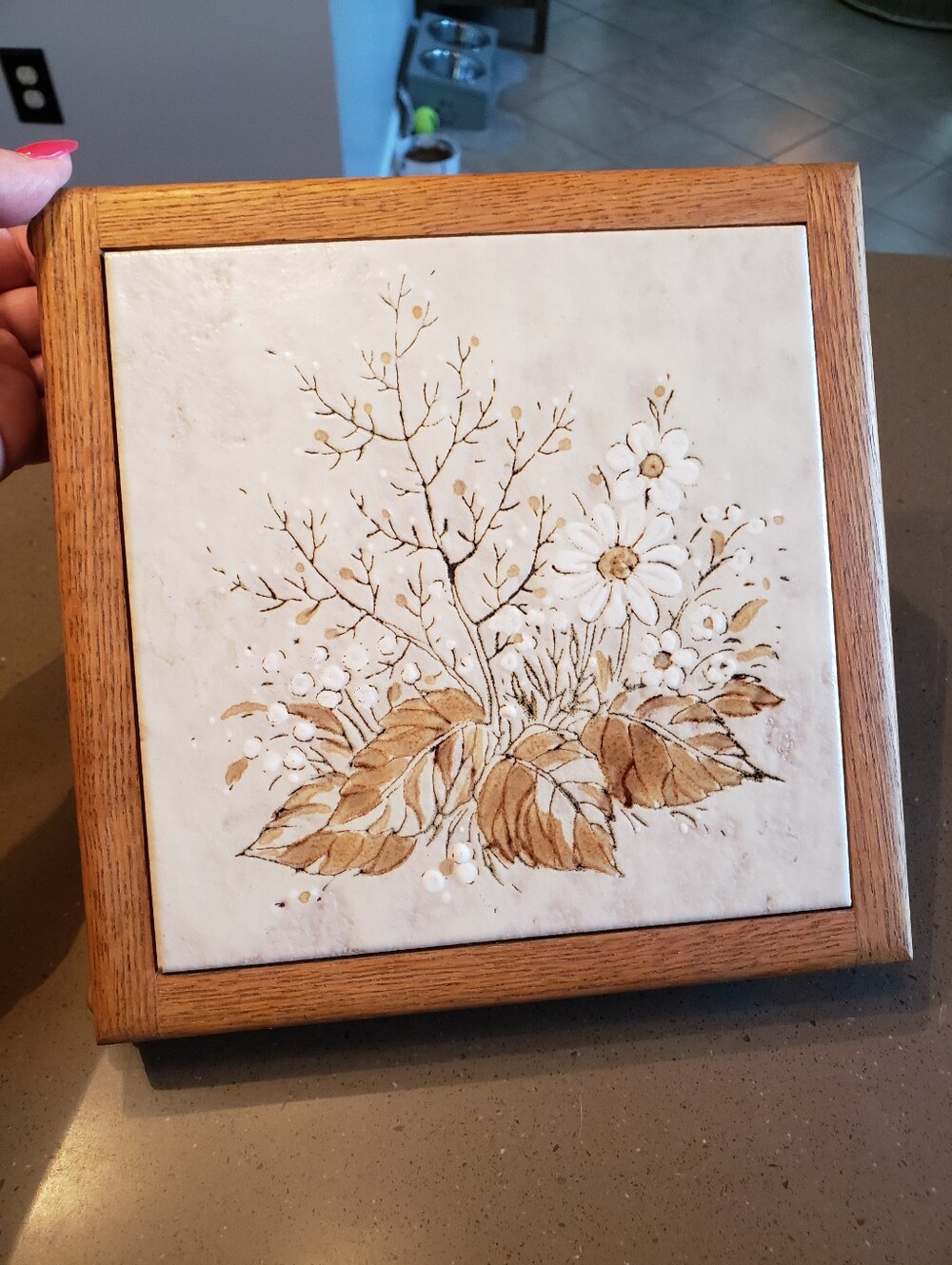 Vintage Oak Framed Trivet Or Picture